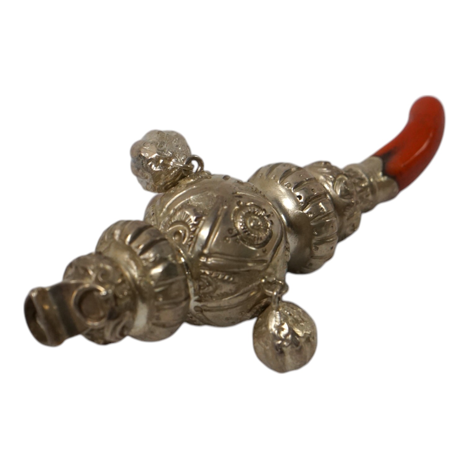 A Victorian silver child's rattle, with three bells, whistle and coral teether, Colen Hewer Cheshire, Birmingham, 1879, 10cm. Condition - good